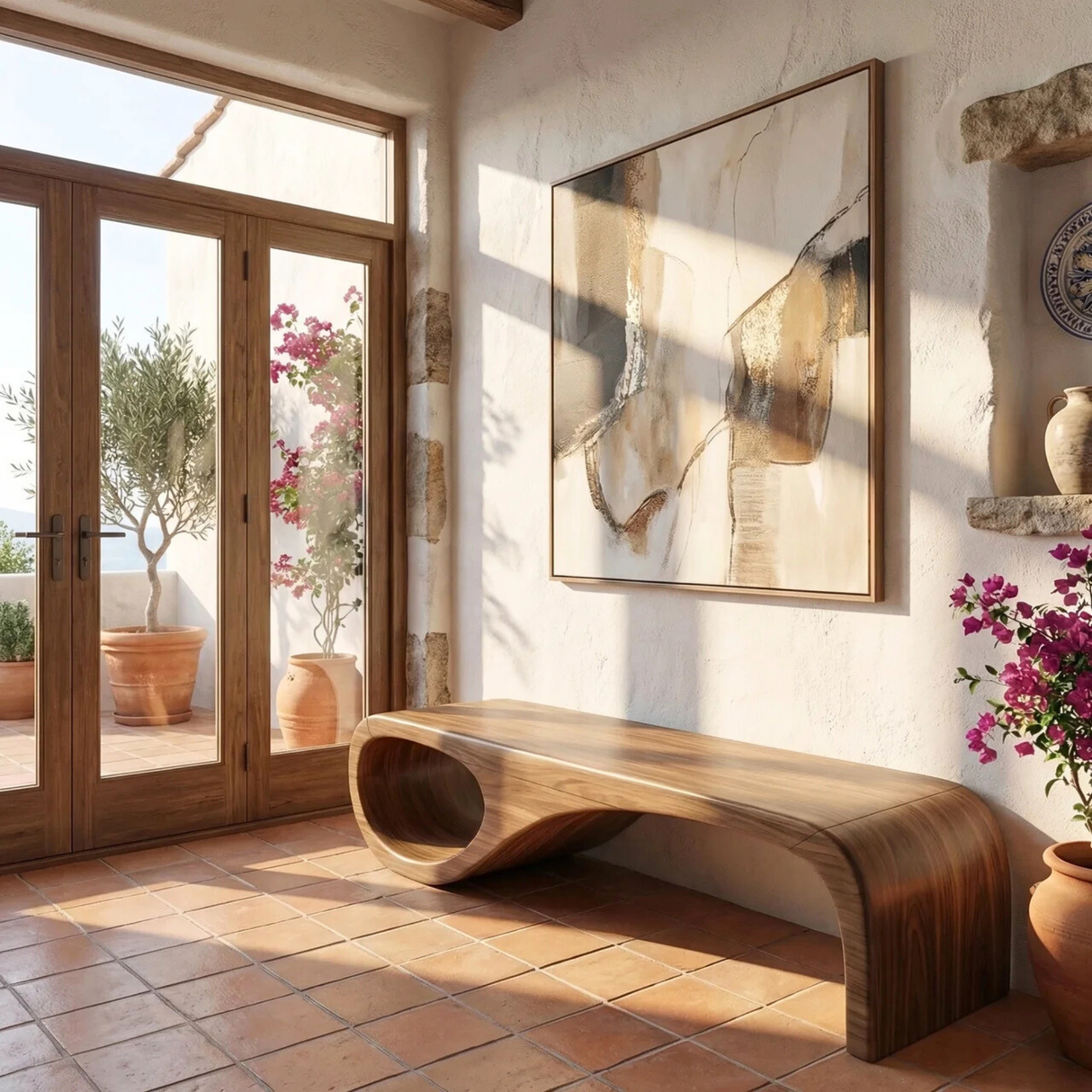 Organic Wood Bench with Sculptural Loop Base for Modern Mediterranean Interiors