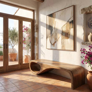 Organic Wood Bench with Sculptural Loop Base for Modern Mediterranean Interiors