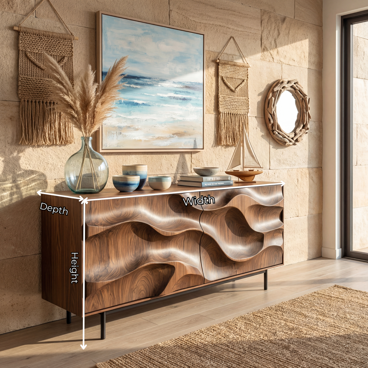 Sculpted Wave Front Solid Wood Sideboard Cabinet