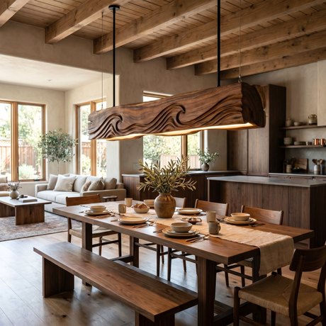 Carved Wave Wood Pendant Light for Dining Room