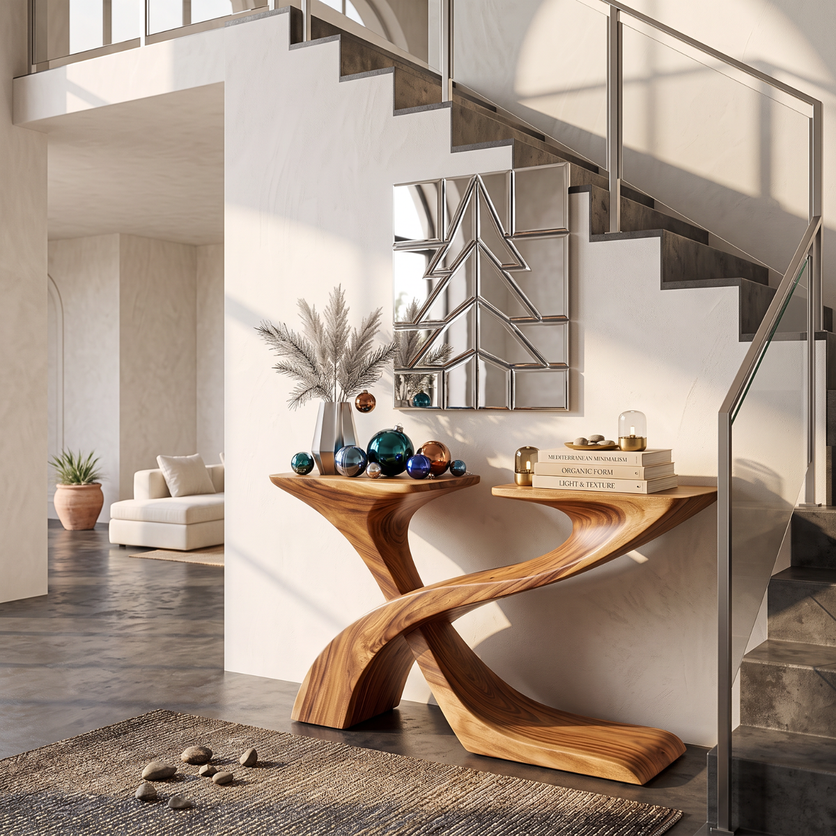 Sculptural Solid Wood Console Table with Crossing Ribbon Base