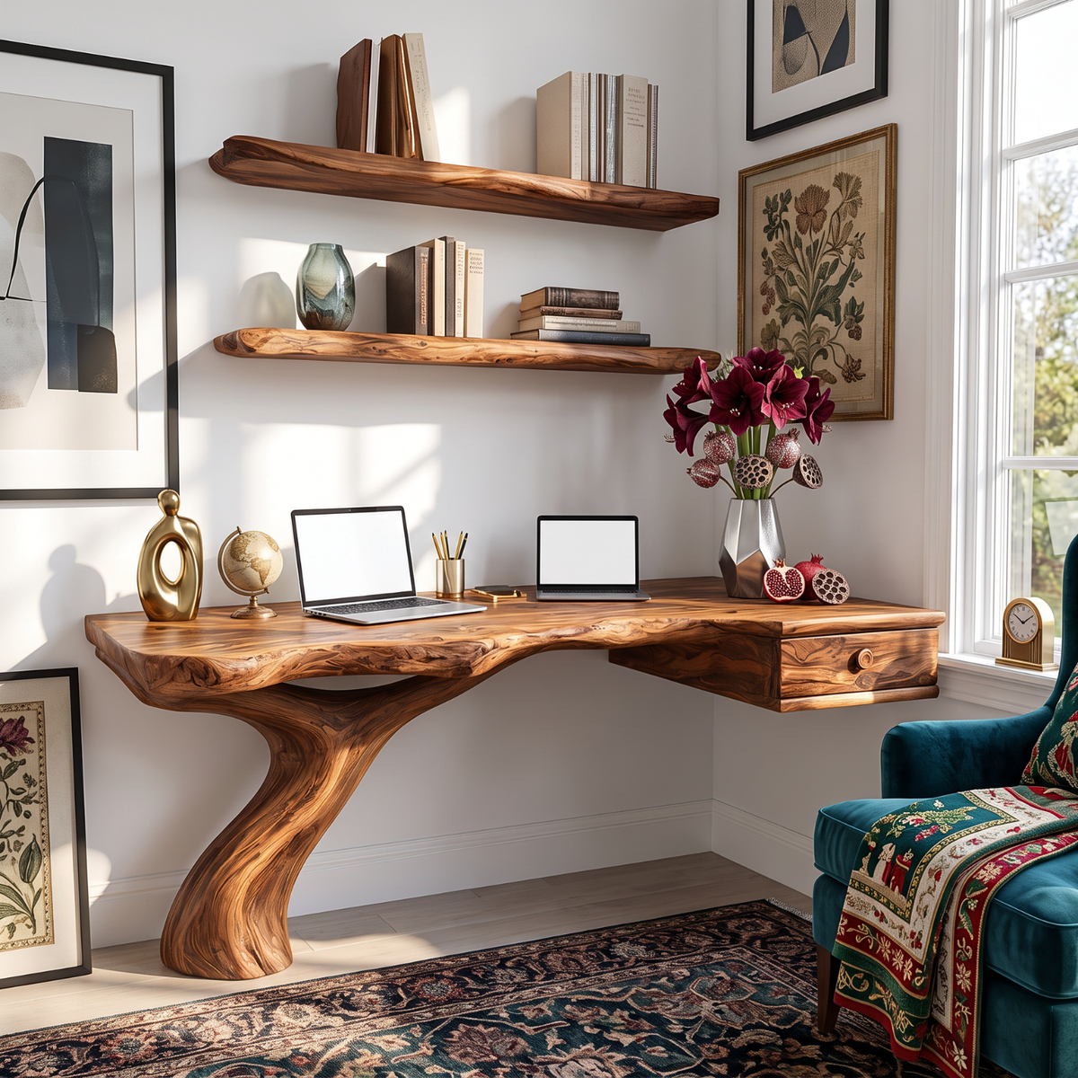 Live Edge Solid Wood Desk with Sculptural Curved Leg and Floating Drawer