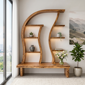 Organic Solid Wood Display Shelf with Curved Frame and Console Base