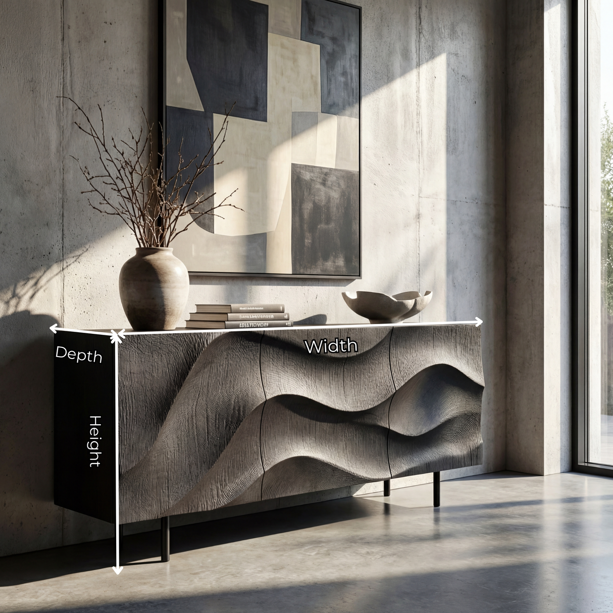 Black Sculpted Wave Front Sideboard Cabinet for Modern Living and Dining