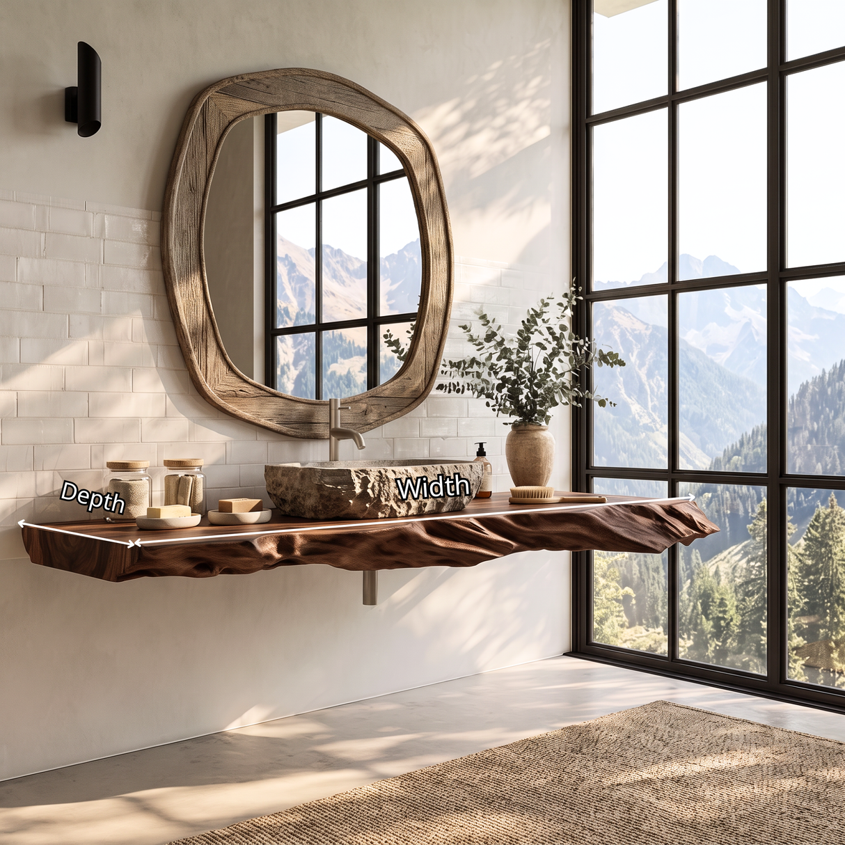 Solid Wood Floating Bathroom Vanity Shelf with Sculptural Live Edge for Modern Decor