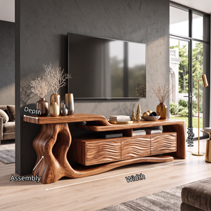 TV Stand with Sculptural Tree Root Frame and Wave Carved Cabinet Doors