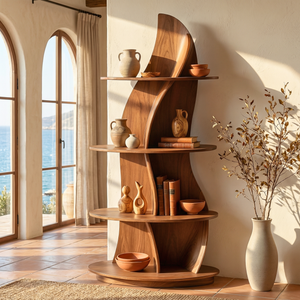 Handcrafted Solid Wood Sculptural Corner Bookcase with Curved Tiered Shelves