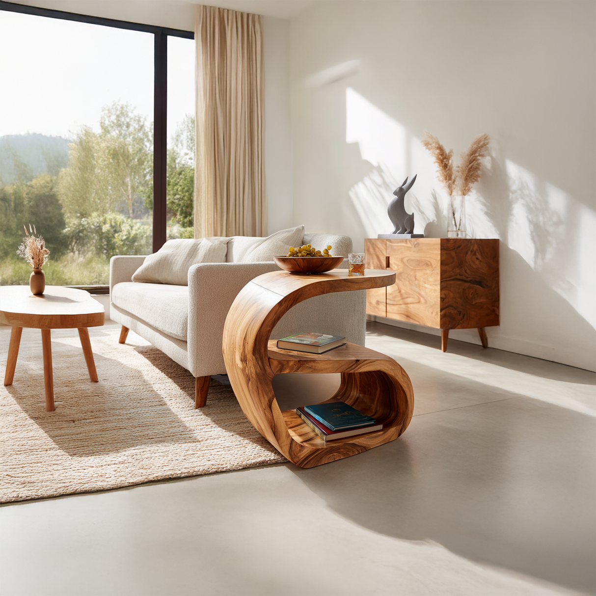 Organic Solid Wood Side Table with Sculpted Curve for Modern Living