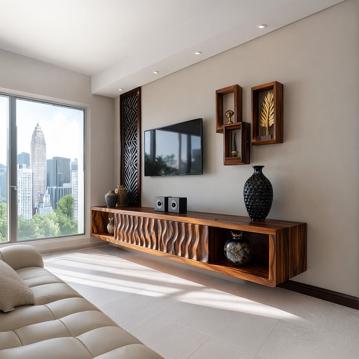 Luxury Sculptural Solid Wood Floating TV Console