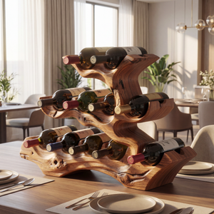 Multi Tier Solid Wood Wine Rack with Organic Sculptural Form Rustic Bottle Holder