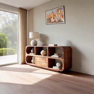 Japandi Solid Wood Sideboard with Curved Edges Modern Console Cabinet with Open Shelves and Drawer Storage for Living Room
