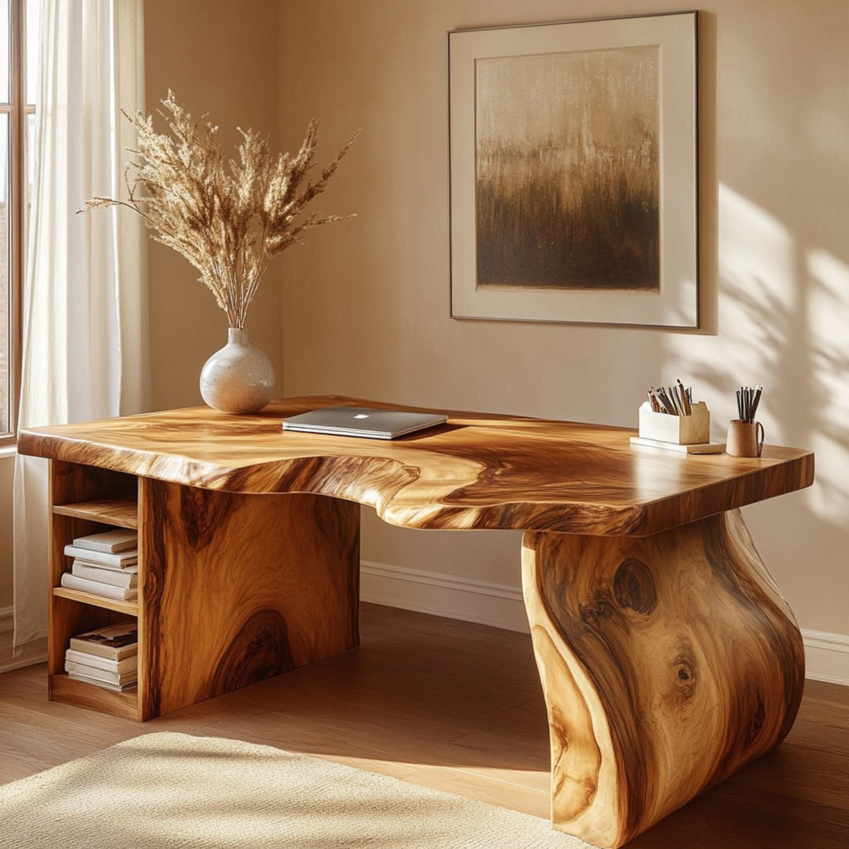 Solid Wood Executive Desk with Sculptural Panel Legs and Open Shelf