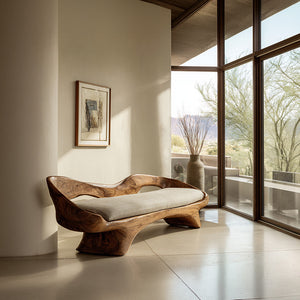 Handcrafted Organic Solid Wood Bench with Cushion Sculptural Modern Seating