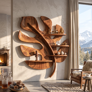 Tropical Leaf Solid Wood Wall Shelf with Sculptural Branch Display Design
