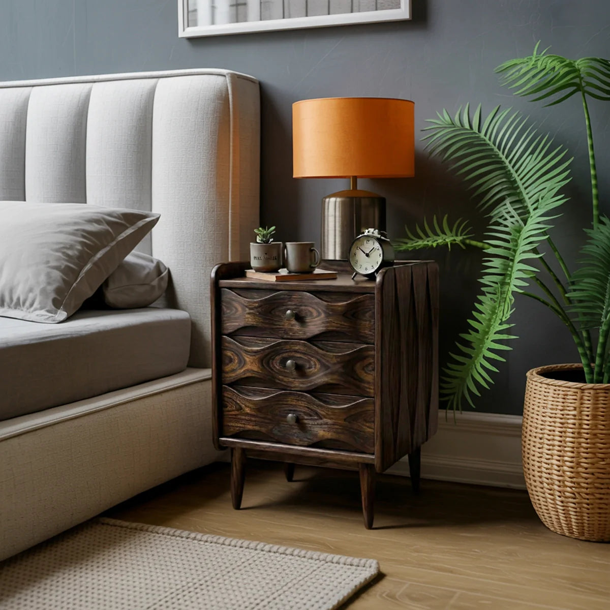 Handcrafted Solid Wood Bedside Table with Sculpted Drawers