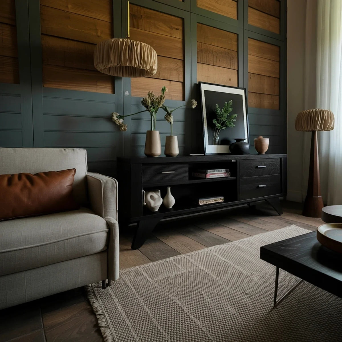 Solid Wood Sideboard with Open Shelves and Storage Drawers