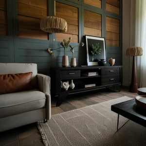 Solid Wood Sideboard with Open Shelves and Storage Drawers