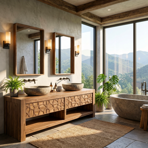 Modern Solid Wood Bathroom Vanity Cabinet With Geometric Carved Design