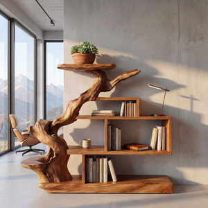 Sculptural Solid Wood Bookshelf with Elevated Shelf Tree Form Organic Modern Display