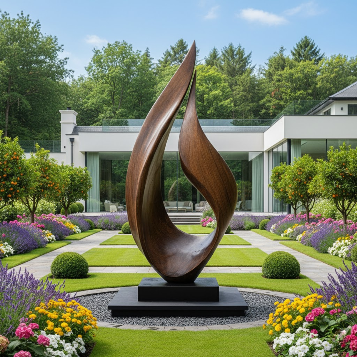 Large Outdoor Solid Wood Flame Sculpture with Plinth for Gardens and Modern Landscapes