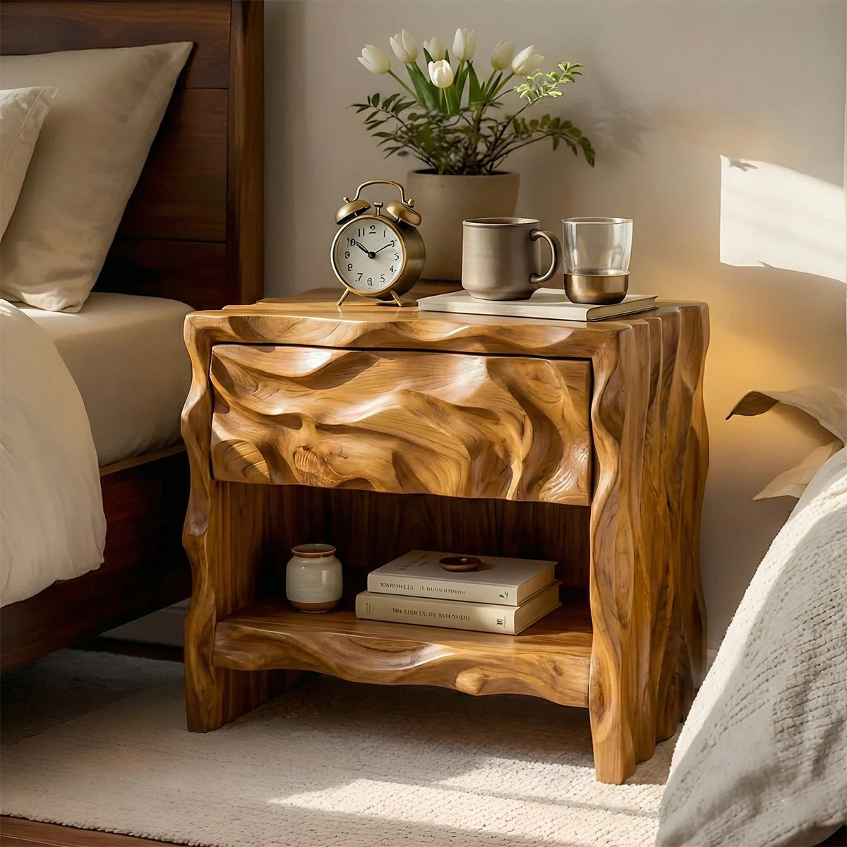 Organic Modern Solid Wood Nightstand with Open Shelf