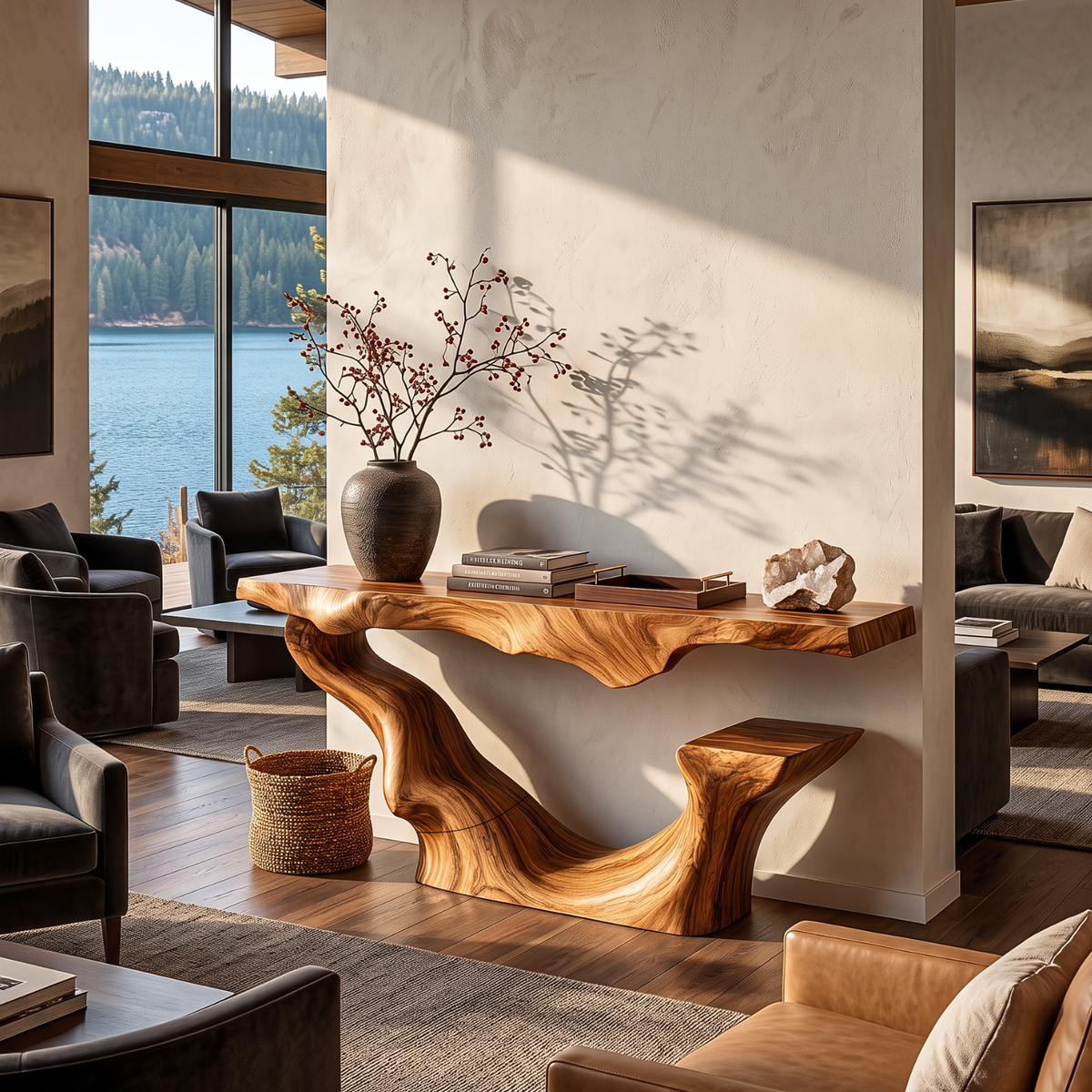 Organic Solid Wood Console Table with Sculptural Floating Curve Base