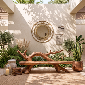 Organic Solid Wood Garden Bench with Natural Branch Backrest