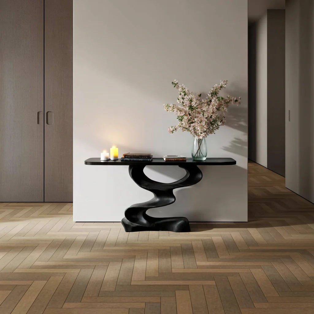 Organic Curved Solid Wood Console Table with Sculptural Z Base