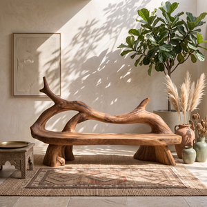 Organic Solid Wood Bench with Flowing Branch Backrest and Sculptural Base