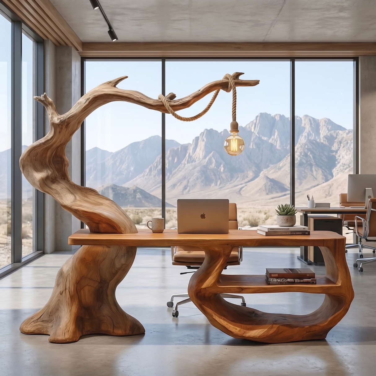 Sculptural Organic Wood Desk With Hanging Lamp Modern Handmade
