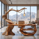 Sculptural Organic Wood Desk With Hanging Lamp Modern Handmade