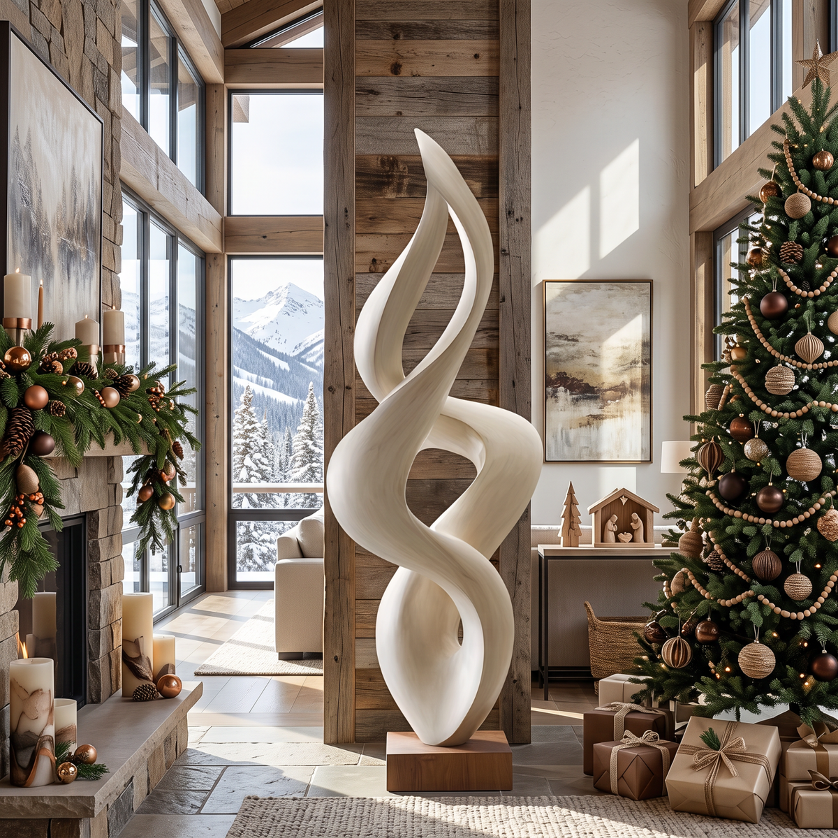 Handcrafted Abstract Twisted Solid Wood Sculpture for Modern Interior Decor