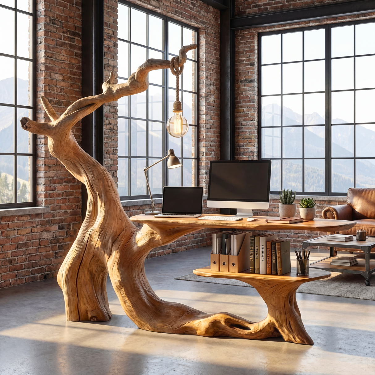 Organic Sculptural Solid Wood Desk with Hanging Light Artistic Tree Form Writing Table Modern Workspace