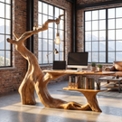 Organic Sculptural Solid Wood Desk with Hanging Light Artistic Tree Form Writing Table Modern Workspace