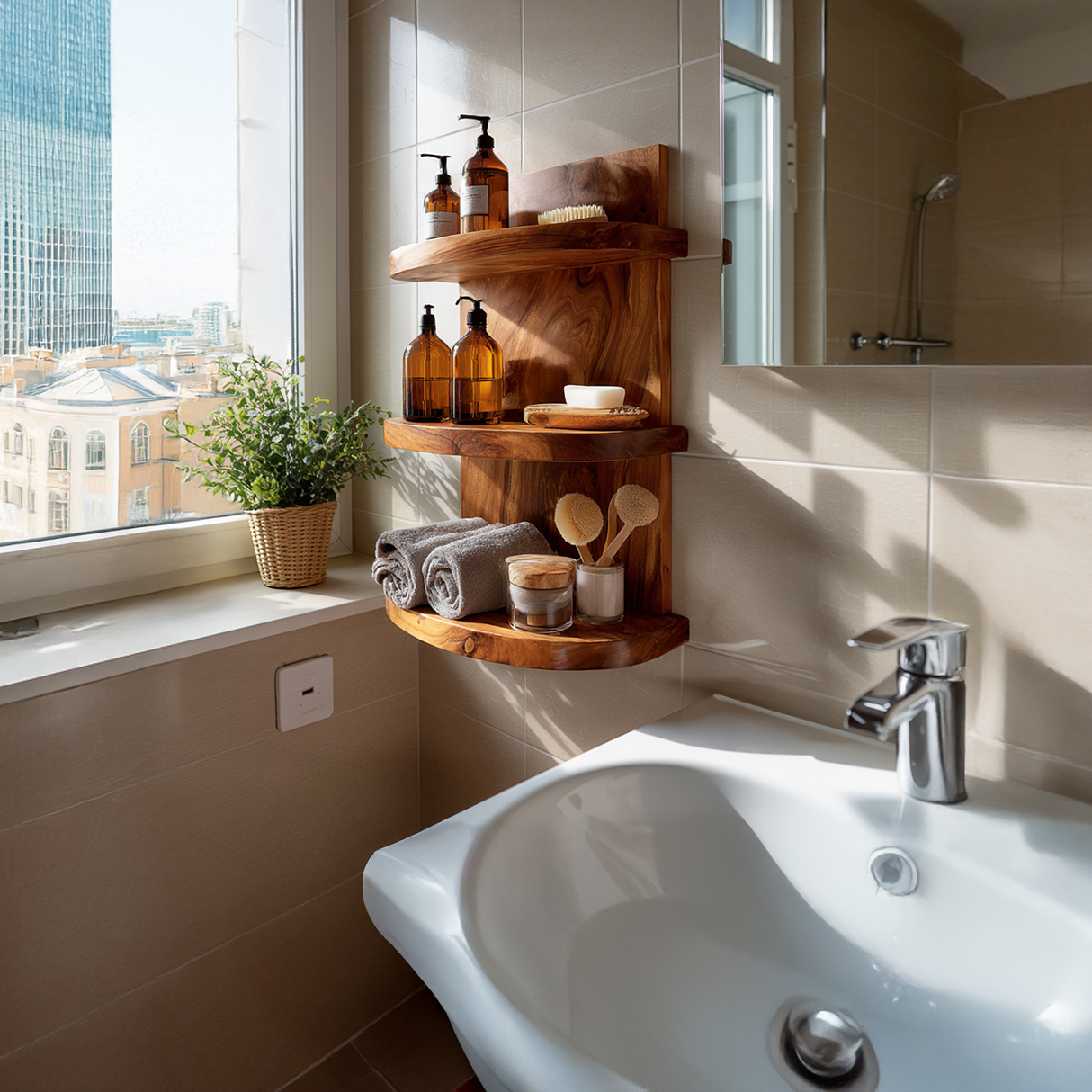 Corner Solid Wood Wall Shelves with Organic Curves