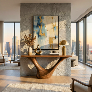Handcrafted Solid Wood Sculptural Console Table with Organic Flow Base for Modern Interiors