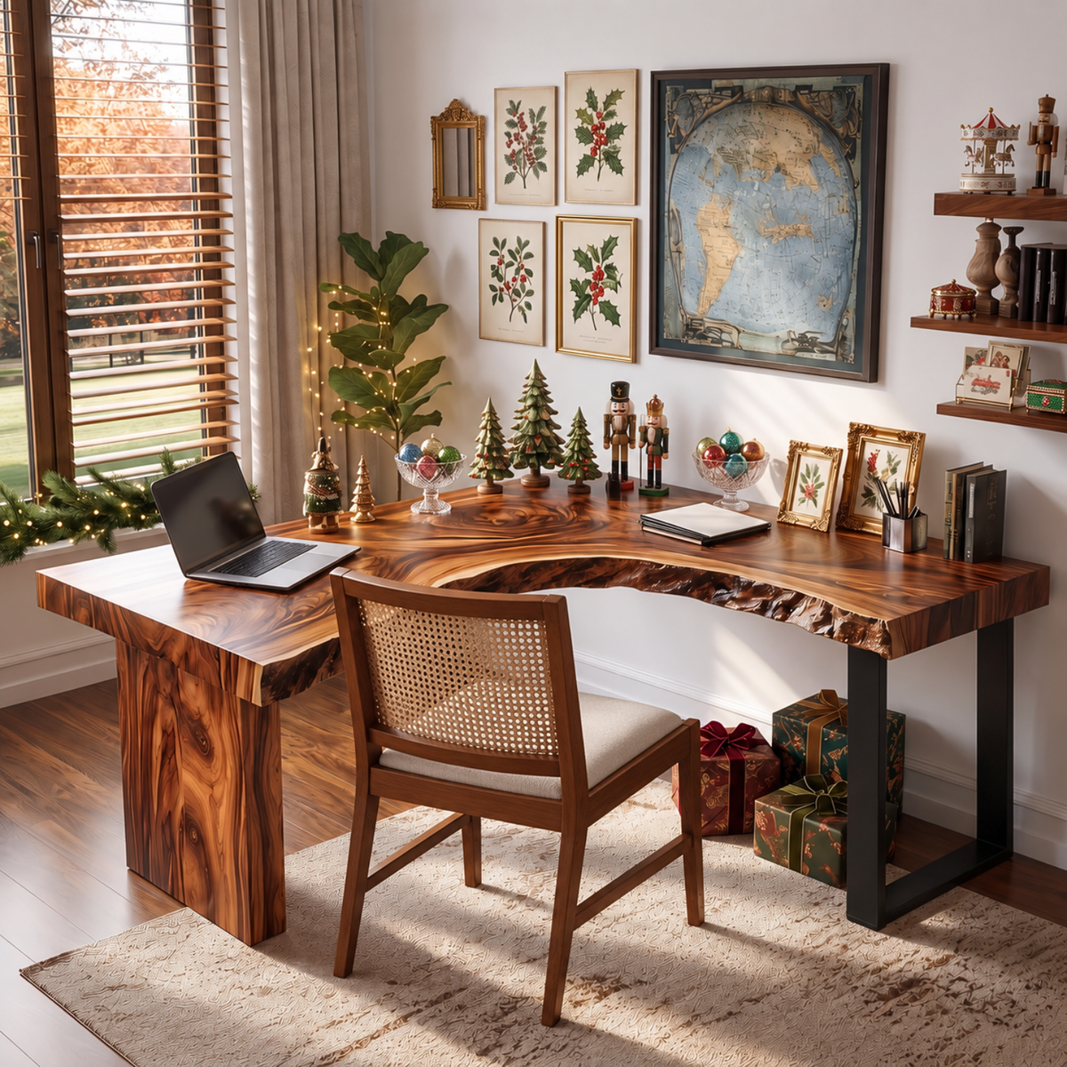 Live Edge Solid Wood L Shaped Desk with Wood Panel and Black Metal Leg