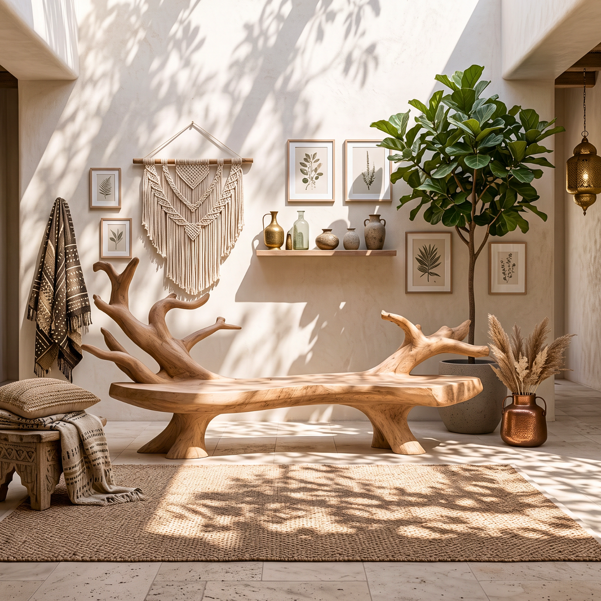 Outdoor Solid Wood Bench with Sculptural Branch Backrest