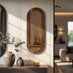 Arched Slatted Solid Wood Wall Panel with Floating Shelf