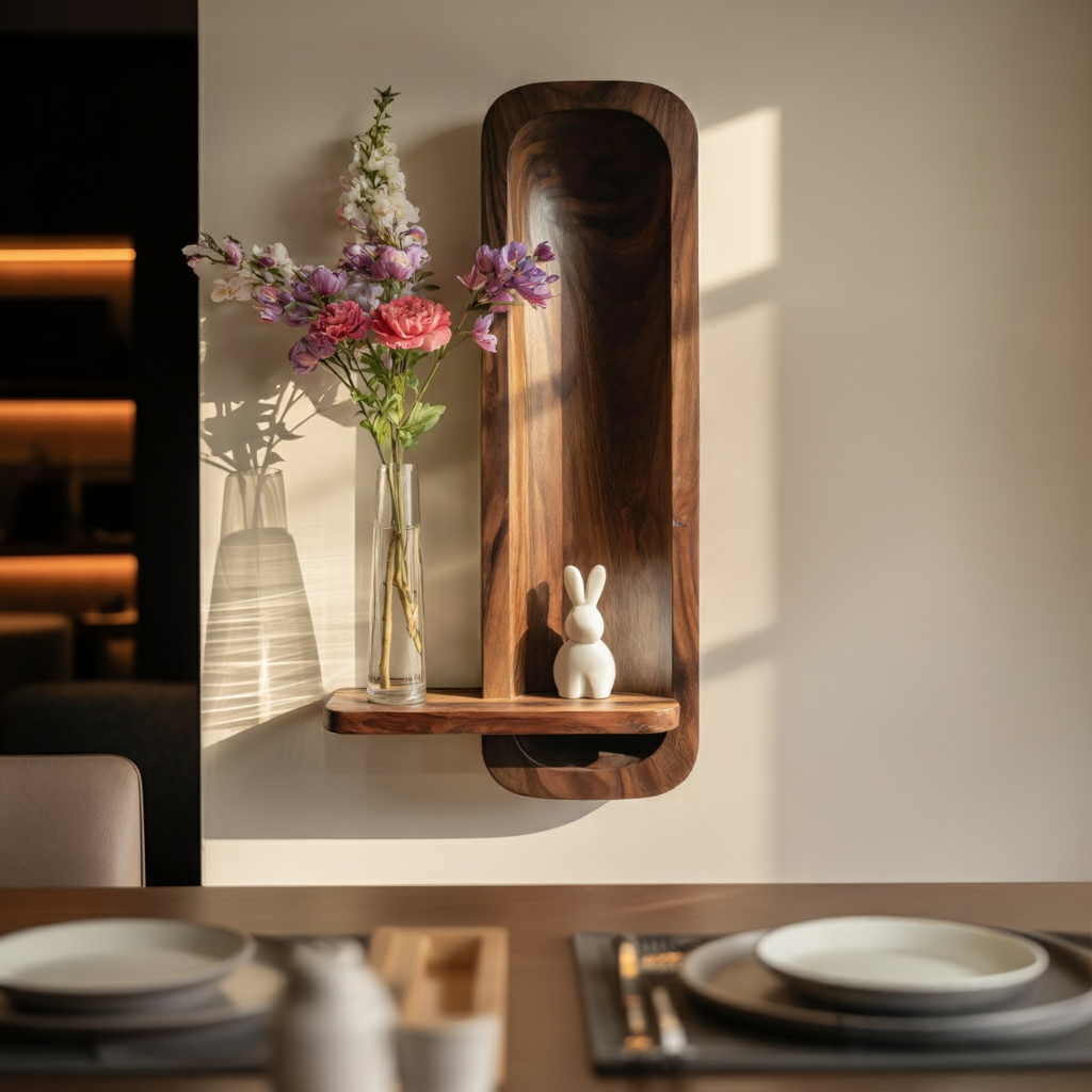 Minimalist Solid Wood Wall Niche Shelf with Sculpted Back Panel