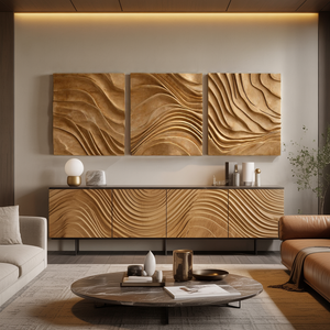Handcarved Solid Wood Wall Art Set for Modern Living Room