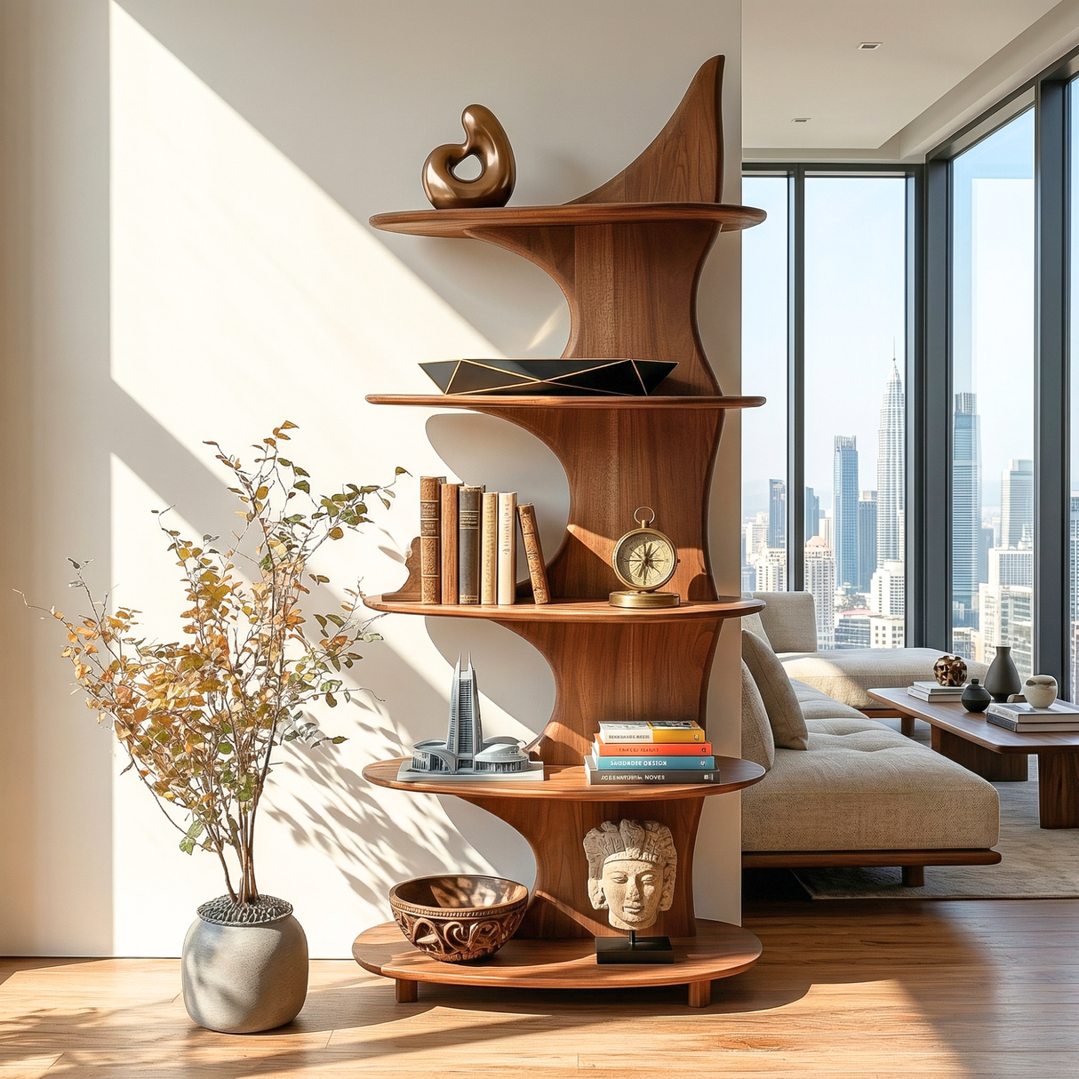 Sculptural Solid Wood Bookshelf with Organic Curved Shelves for Modern Interiors