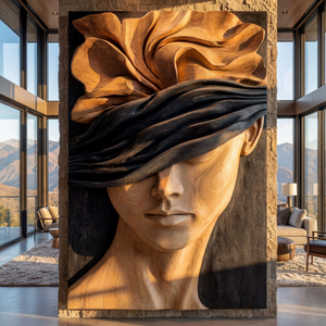 Silent Bloom Wooden Relief Portrait Sculpture Wall Art