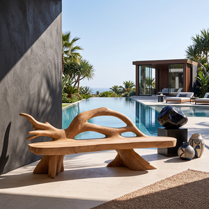 Sculptural Solid Wood Garden Bench with Organic Open Backrest