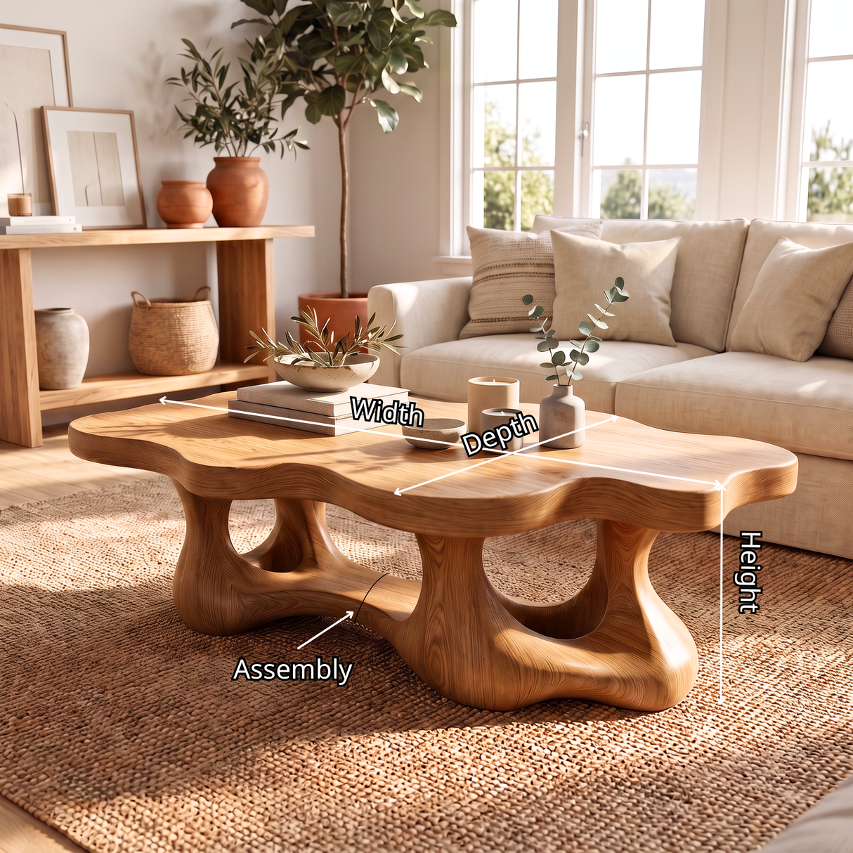 Coffee Table Solid Wood with Organic Double Loop Base for Living Room