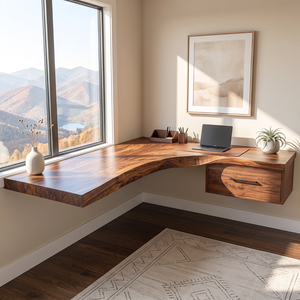 Floating Corner Desk Solid Wood with Live Edge Top and Built-In Drawer for Home Office