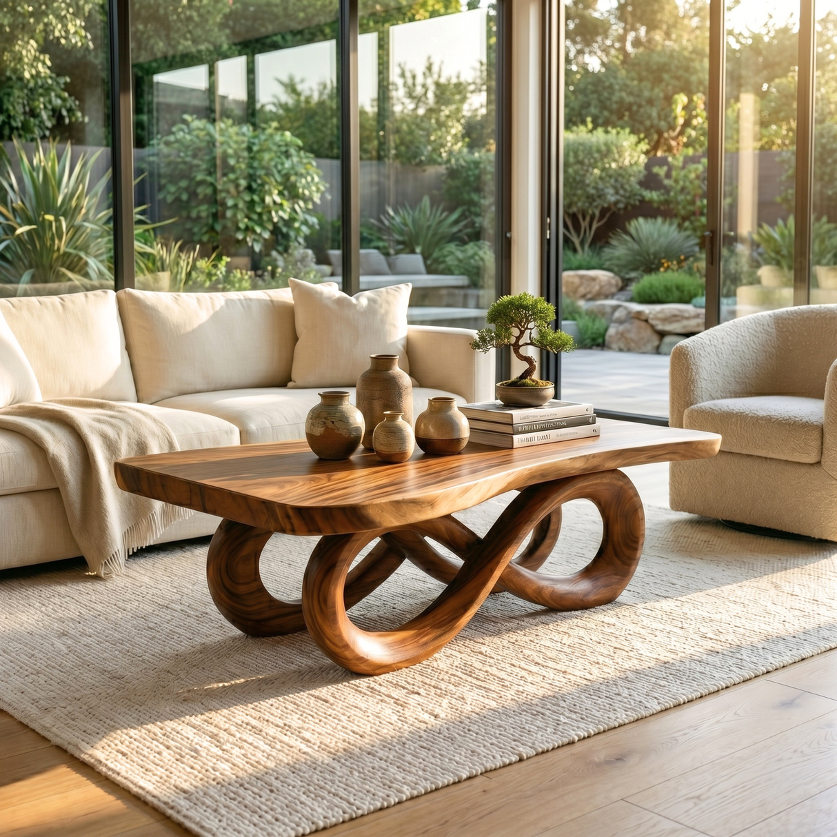 Handcrafted Solid Wood Coffee Table with Infinity Loop Base