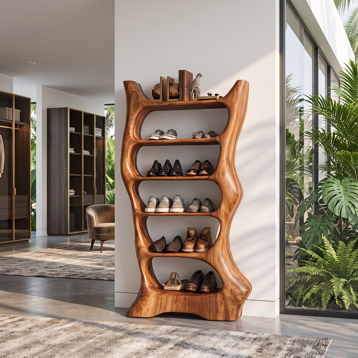 Shoe Rack Solid Wood with Sculptural Organic Frame and Multi Tier Shelves