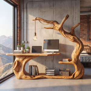 Organic Sculptural Wood Workstation with Hanging Lamp and Storage Shelf