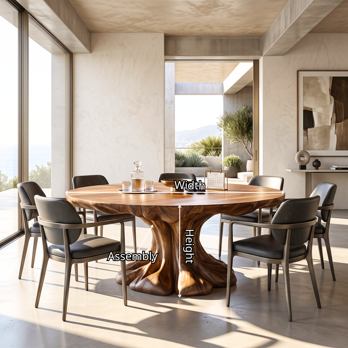 Dining Table with Flowing Pedestal Base and Organic Wood Top